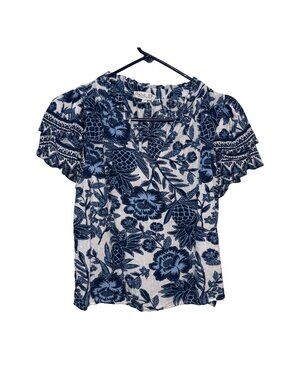 Rachel Zoe Blue & White Floral Short Sleeve Blouse M